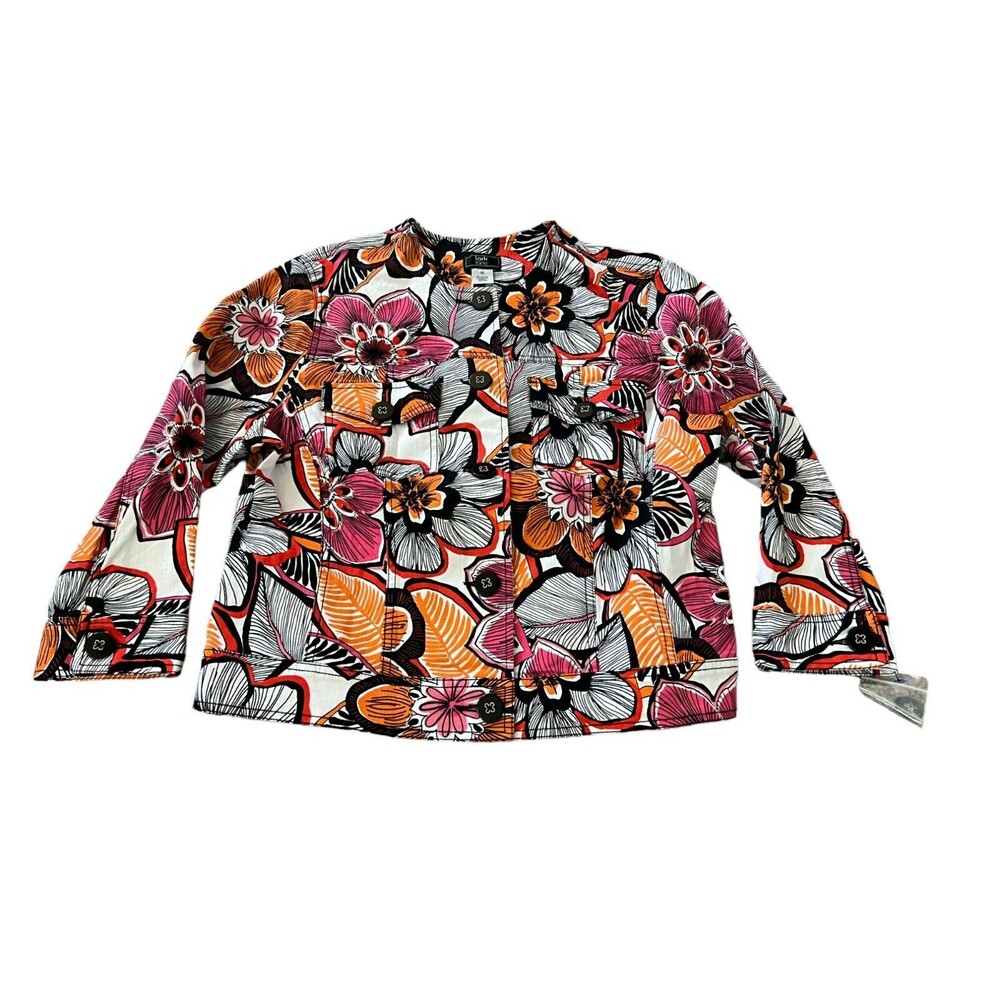 Lark Lane Womens Basic Jacket Multicolor Size 10 Floral Cotton Stretch Twill